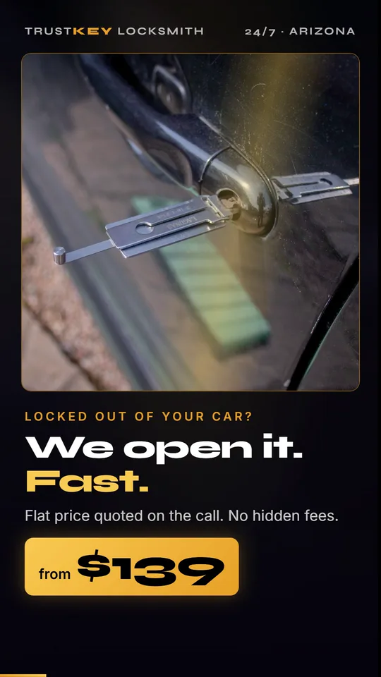 Title frame from the video: Locked out of your car? We open it. Fast. Flat price quoted on the call, from $139.
