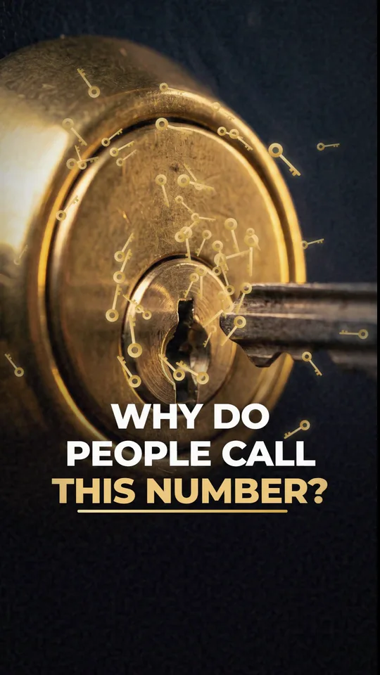 A brass door lock with a key in it. Text on screen: Why do people call this number?